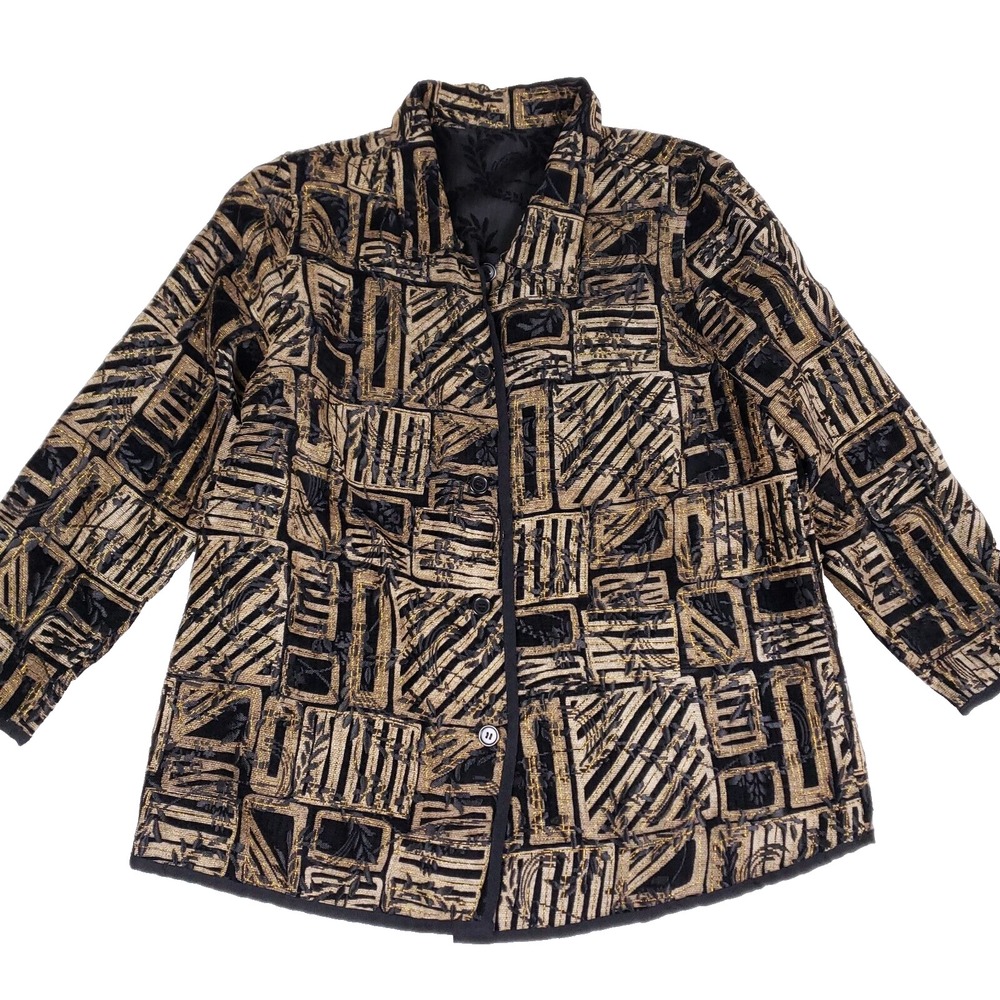 Artisan Abstract Embroidered Jacket XL Black Gold Textured Button Front Artcore‎